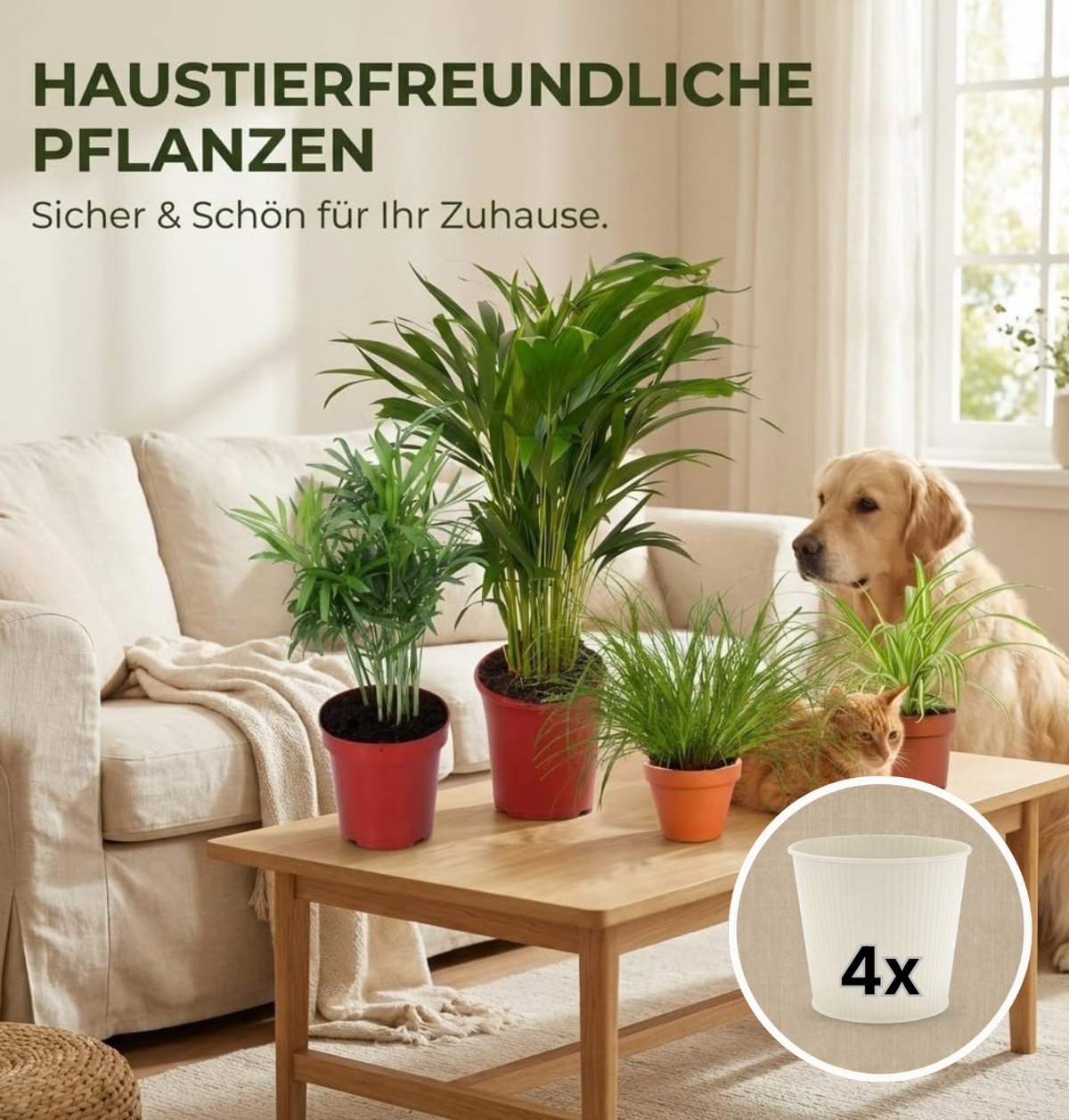 “Katzenliebhaber” Pflanzenset + 4x Cremefarbener Zinktopf | 4er-Set | ca. 30-45 cm | Ø 12-15 cm Topf