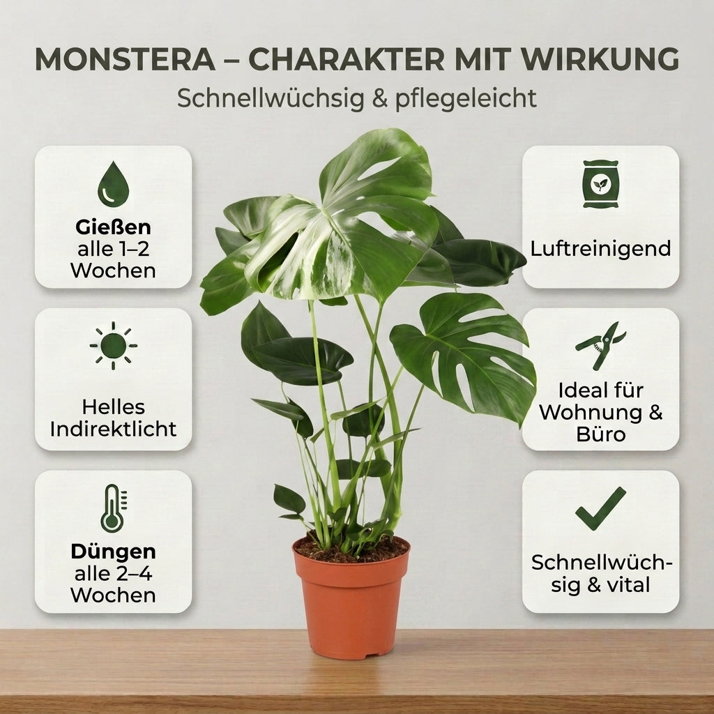 Monstera deliciosa + 2x Cremefarbener Zinktopf | 2er-Set | Fensterblatt | ca. 55-70 cm | Ø 12-15 cm Topf