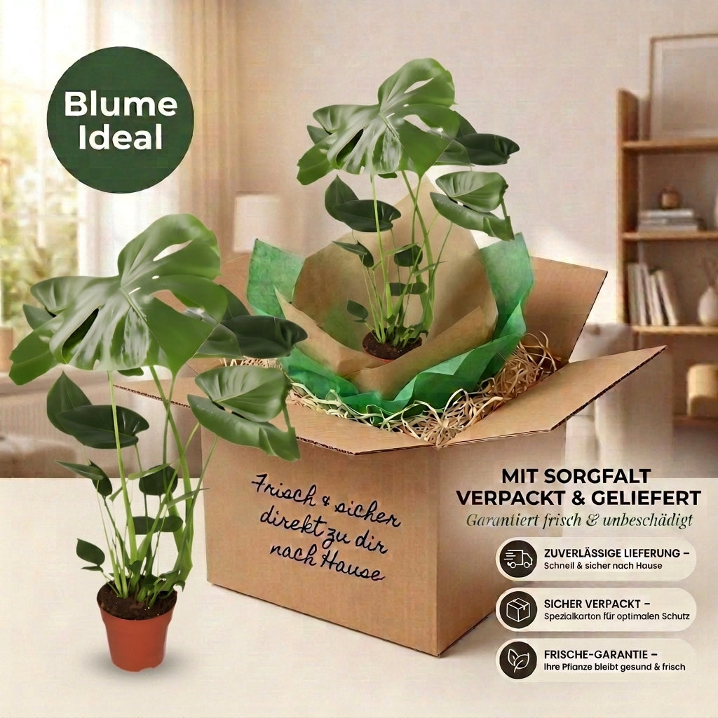 Monstera deliciosa + 4x Cremefarbener Zinktopf | 4er-Set | Fensterblatt | ca. 55-70 cm | Ø 12-15 cm Topf