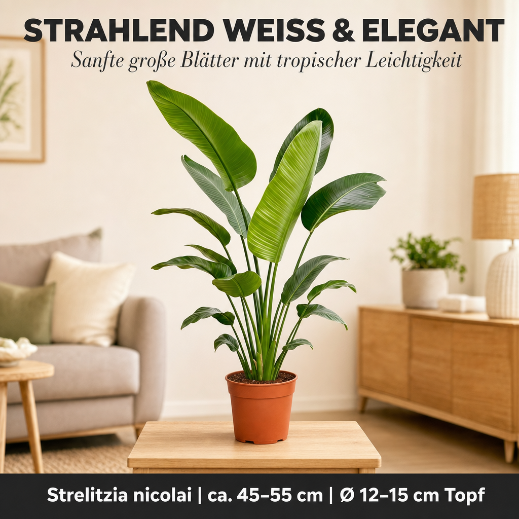 Weiße Paradiesvogelblume + 1x Cremefarbener Zinktopf | Strelitzia Nicolai | ca. 45-55 cm | Ø 12-15 cm Topf