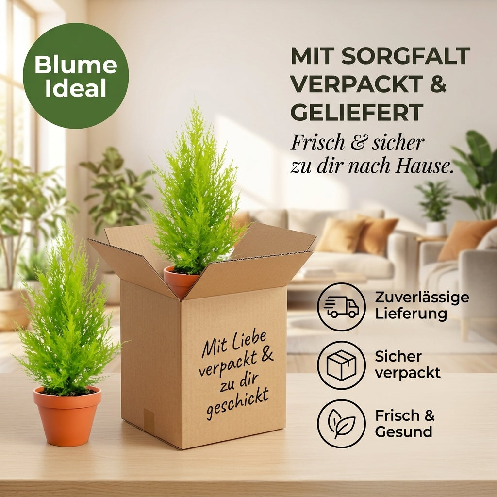 Zimmerzypresse + 1x Seegraskorb | Goldcrest | ca. 40-50 cm | Ø 12-15 cm Topf
