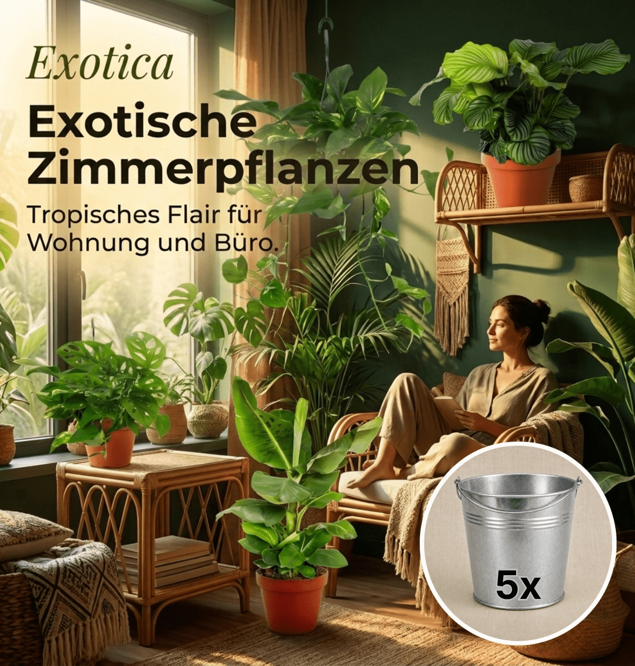 “Exotica” Pflanzenset + Zinktopf | 5er - Set | ca. 25 - 50 cm | Ø 12 - 15 cm Topf - Blume Ideal
