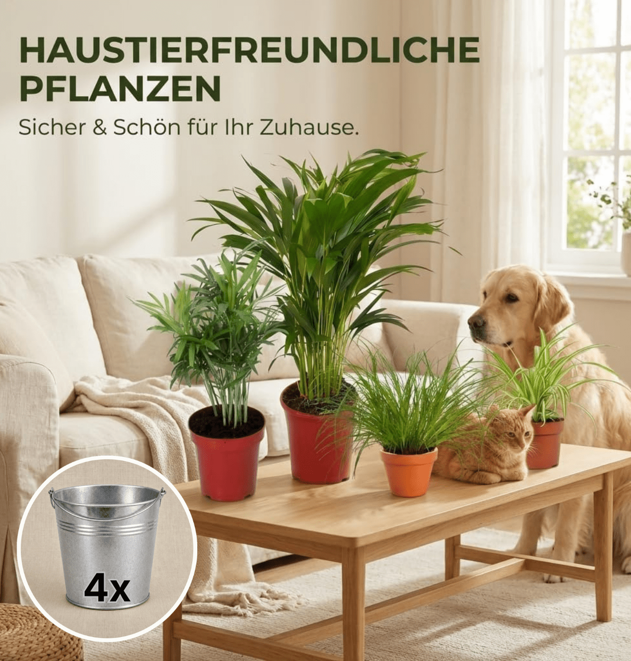 “Katzenliebhaber” Pflanzenset + Zinktopf | 4er - Set | ca. 30 - 45 cm | Ø 12 - 15 cm Topf - Blume Ideal