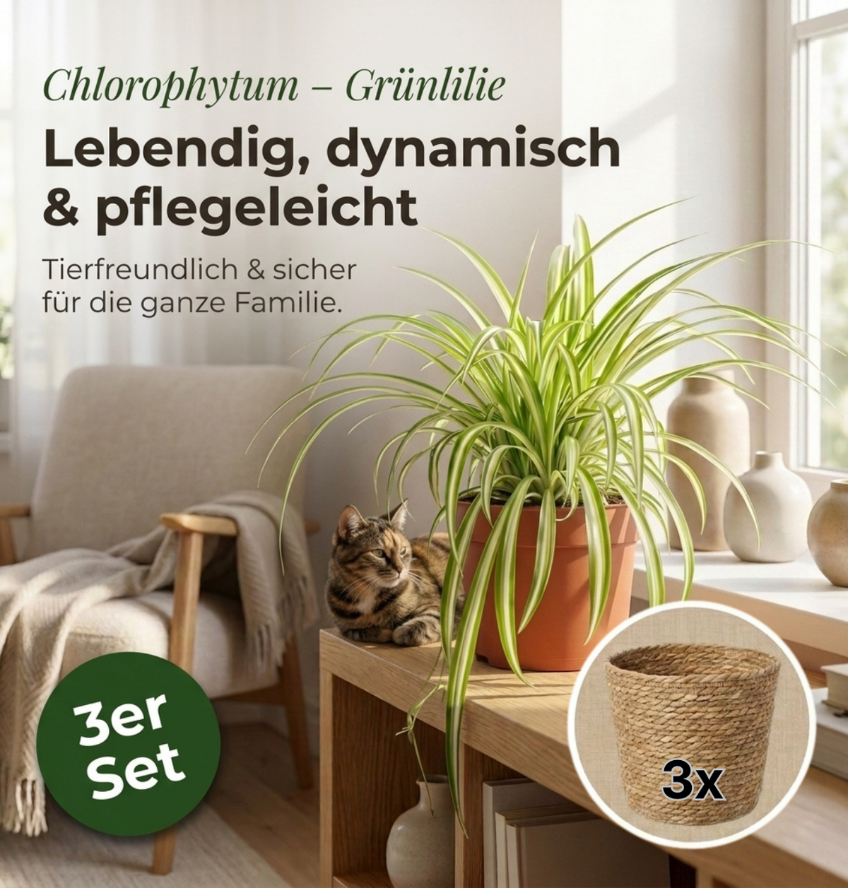 Grünlilie + 3x Seegraskorb | 3er-Set | Chlorophytum | ca. 40-50 cm | Ø 12-15 cm Topf
