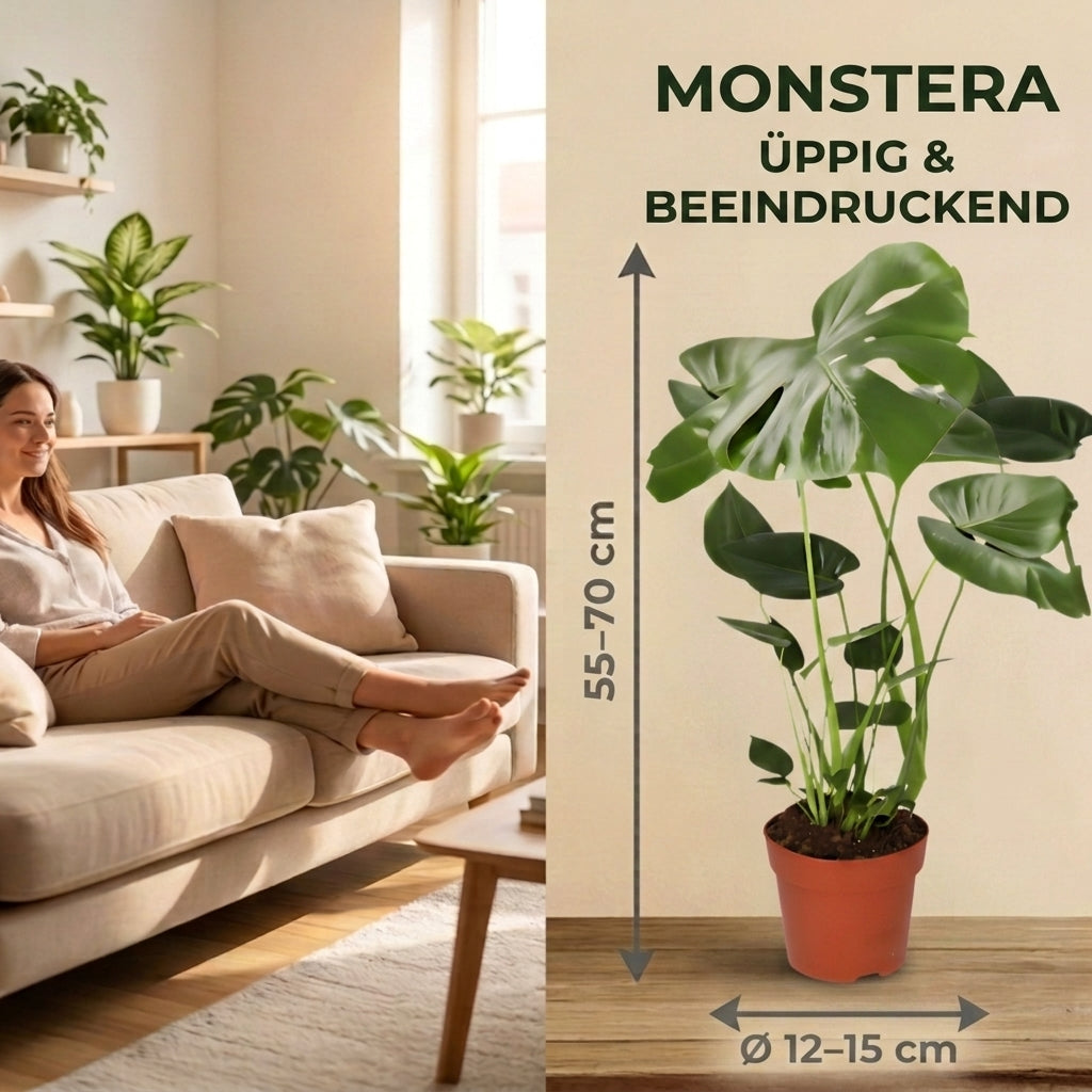 Monstera deliciosa + 3x Seegraskorb | 3er-Set | Fensterblatt | ca. 55-70 cm | Ø 12-15 cm Topf