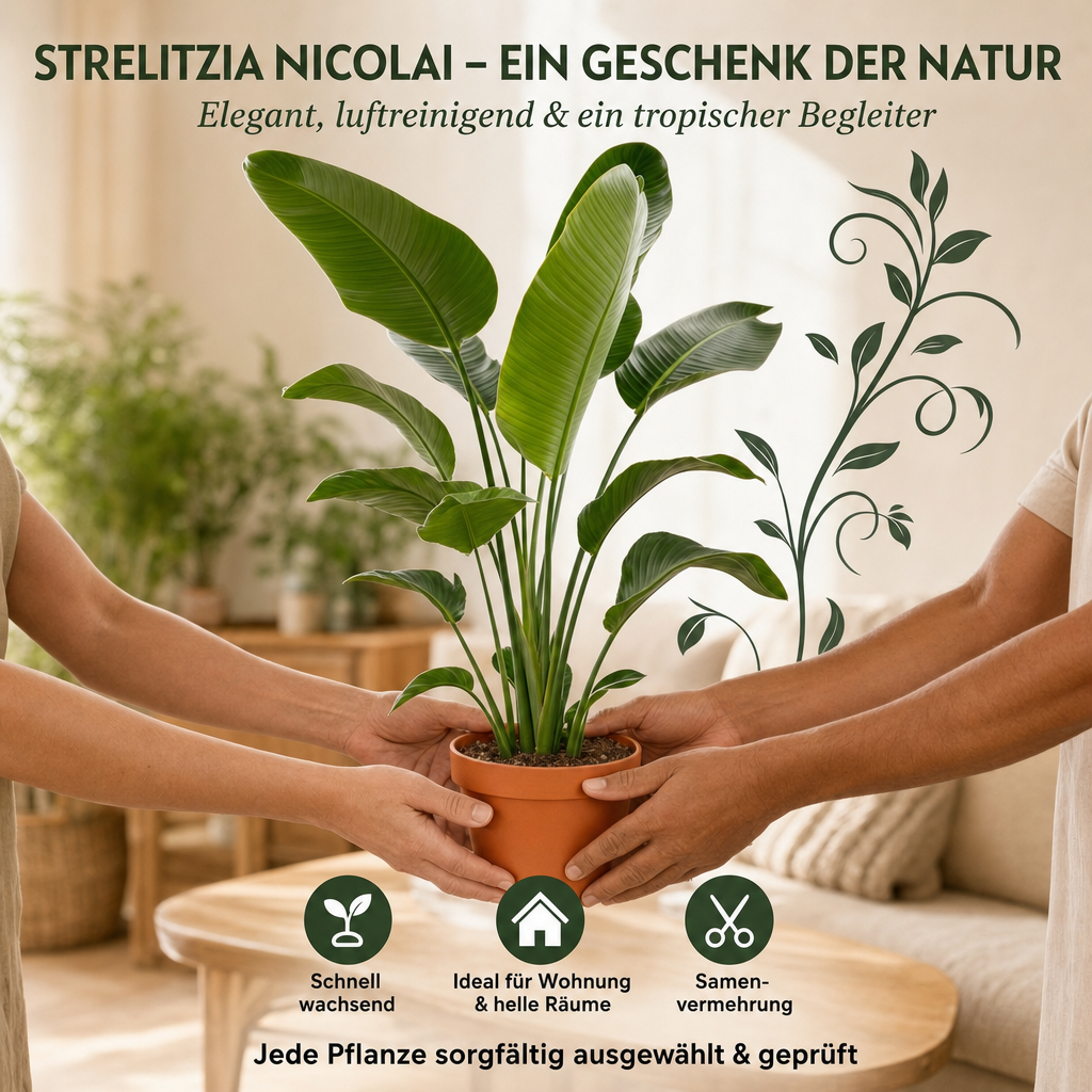 Weiße Paradiesvogelblume + 1x Cremefarbener Zinktopf | Strelitzia Nicolai | ca. 45-55 cm | Ø 12-15 cm Topf