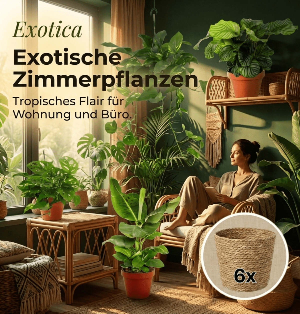 “Exotica” Pflanzenset + 6x Seegraskorb | 6er-Set | ca. 25-50 cm | Ø 12-15 cm Topf - Blume Ideal