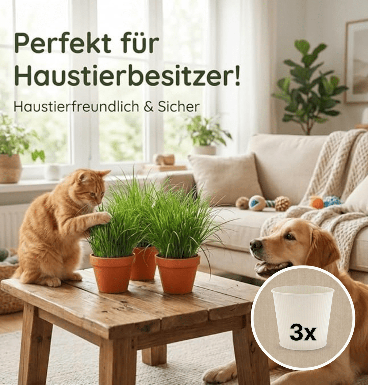 Katzengras + 3x Cremefarbener Zinktopf | 3er-Set | Cyperus zumula | ca. 20-30 cm | Ø 12-15 cm Topf - Blume Ideal
