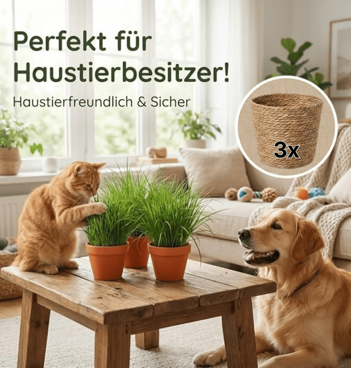 Katzengras + 3x Seegraskorb | 3er-Set | Cyperus zumula | ca. 20-30 cm | Ø 12-15 cm Topf - Blume Ideal