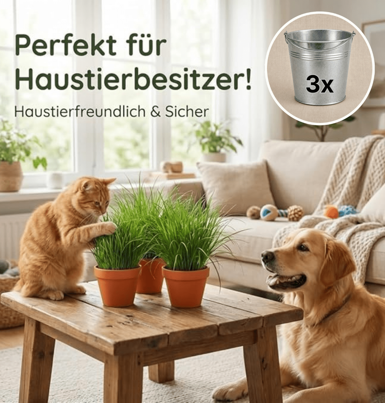 Katzengras + Zinktopf | 3er - Set | Cyperus zumula | ca. 20 - 30 cm | Ø 12 - 15 cm Topf - Blume Ideal