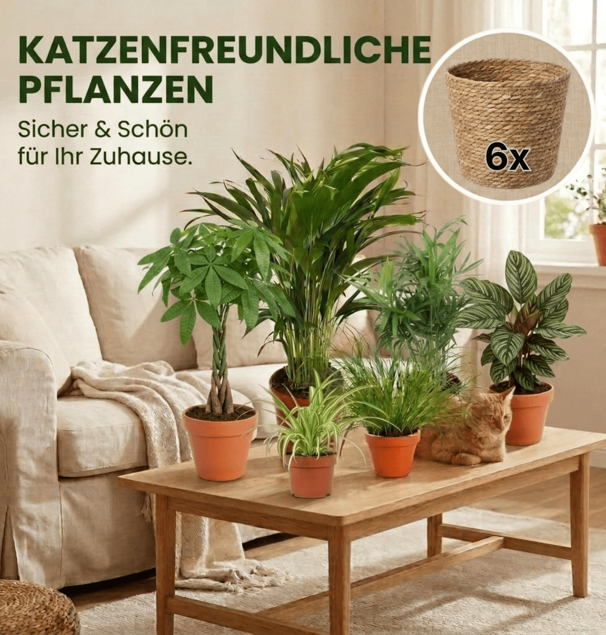 “Katzenliebhaber” Pflanzenset + 6x Seegraskorb | 6er-Set | ca. 30-45 cm | Ø 12-15 cm Topf - Blume Ideal